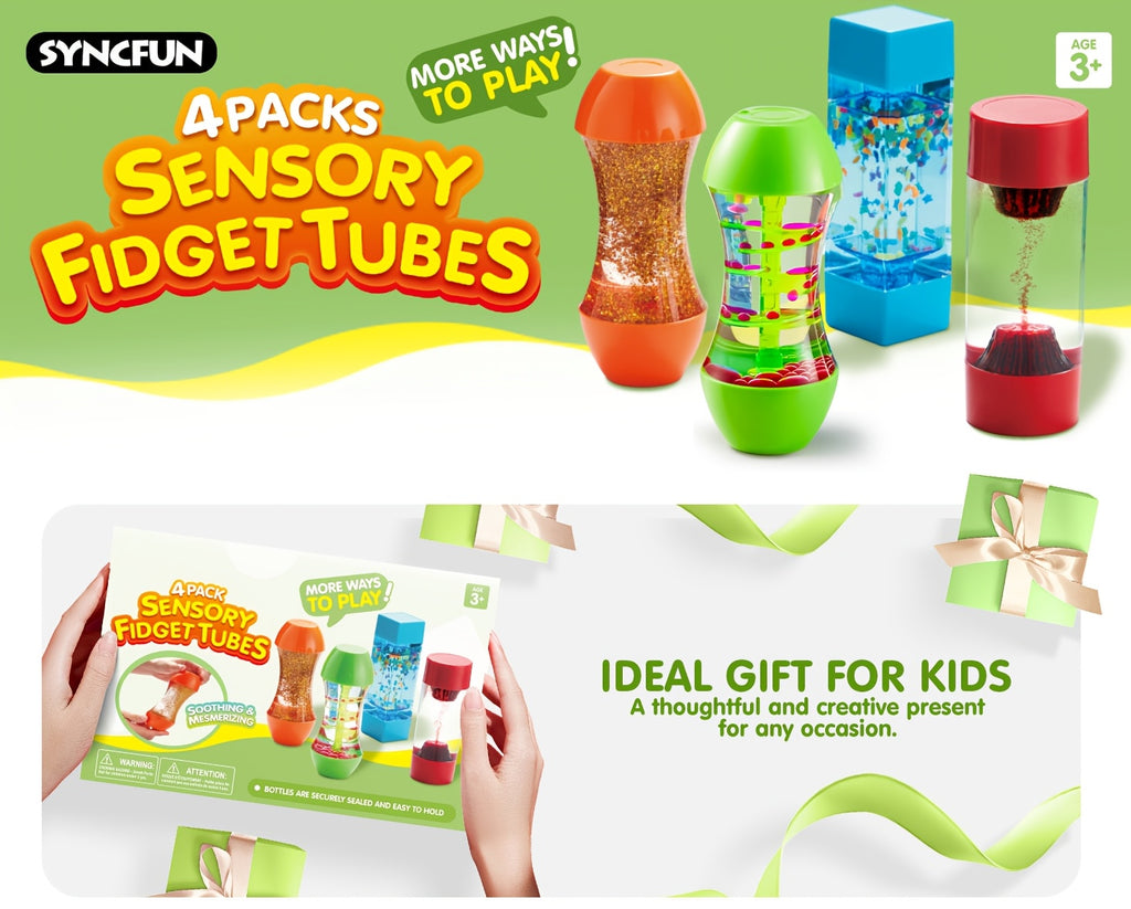 4-Pack 4 Unique Design Fidget Tube Toys for Kids, Relax Toy, Sensory Tubes, Speech Relax Materials, Calming Toys for Children with Autism, Calm Down Corner Supplies, Multi-item Fidget Toy Pack, Birthday Christmas Presents for Kids