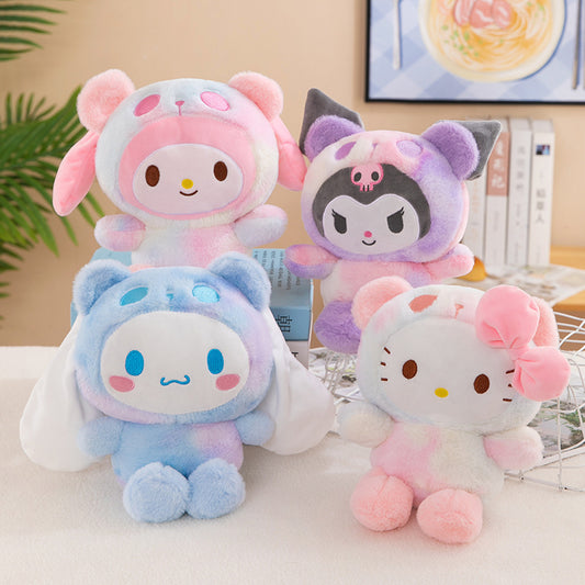 () Sanrio 5pcsKawaii Hello Kitty, Kuromi, Melody, and Gudetama Tie-Dye Plush Toys Ideal for Room Decor, Birthday Gifts, and Holiday Presents for Christmas, Thanksgiving, Halloween, and More.