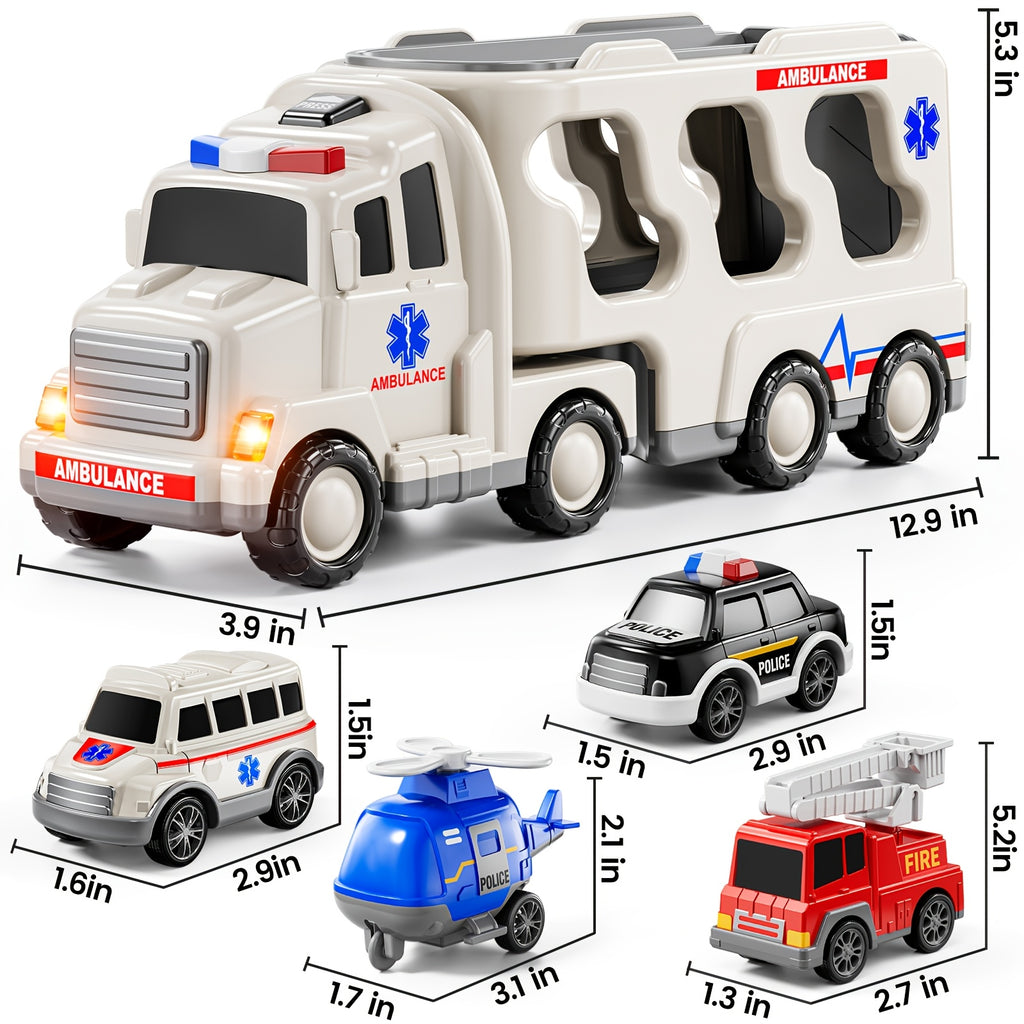 Ambulance/ Construction Truck Toys, 5in 1 Carrier Trucks Cars for Boy Toys Birthday, Car Trucks Friction Power Toys with Light Sound