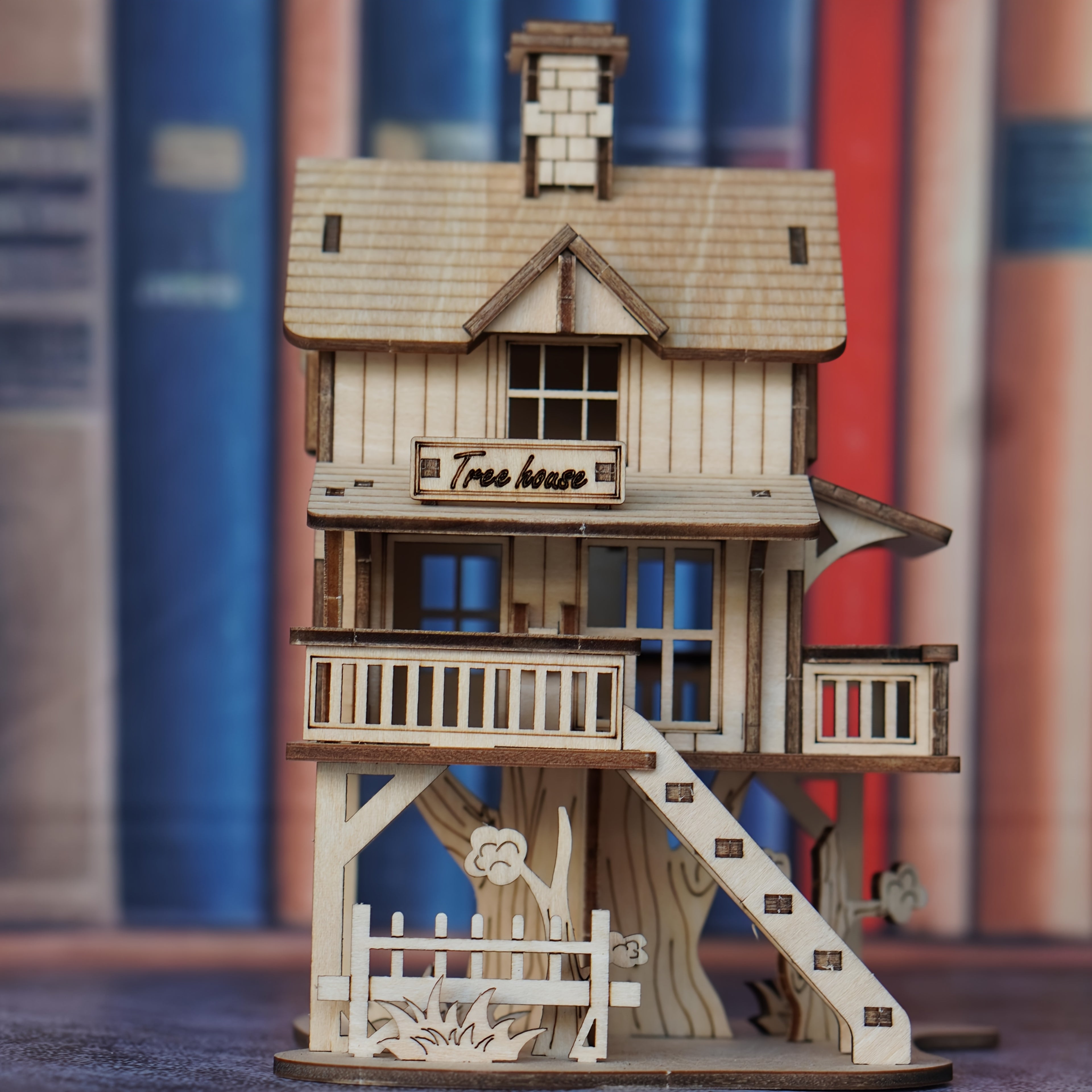 Rustic Wooden Forest Cabin Puzzle Model, 3D DIY Building Kit, Creative Treehouse Architecture Set, Wooden Interlocking Blocks, Yellow - Craft Model for Home Decor