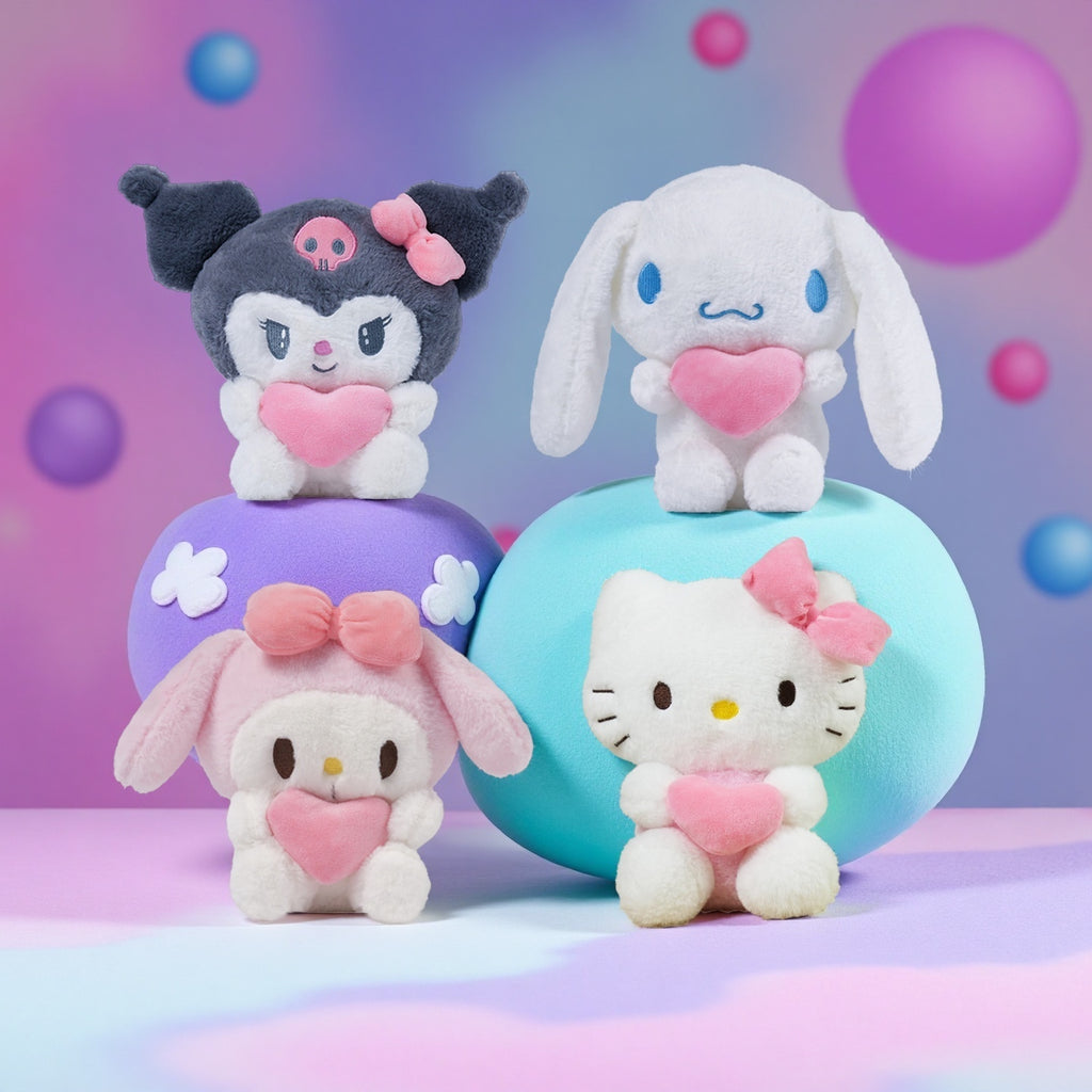 (Licensed) Sanrio 5pcs Set: Adorable Hello Kitty, Kuromi, Melody, and Gudetama Plushies Holding Hearts Perfect for Birthday Gifts, Holiday Surprises, Christmas, Thanksgiving, and Atmospheric Decora