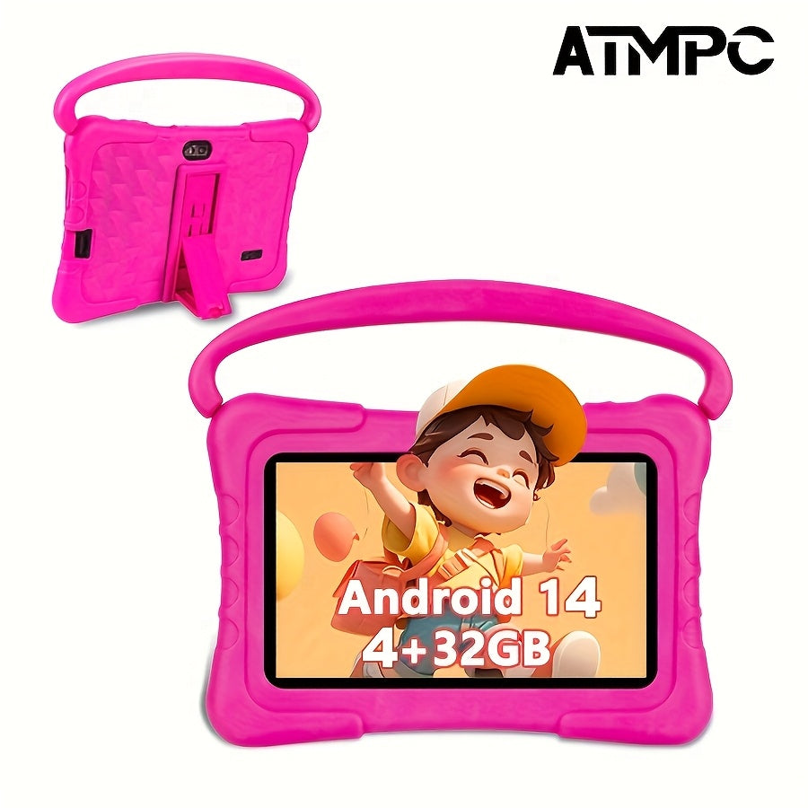 ATMPC, Local Warehouse, 7 Inch Kids Tablet, 4GB RAM 32GB ROM Android 14, Wifi, Learning Tablet, Safety Eye Protection Screen & Parental Control APP, Drop Proof Silicone Case, Learning Device, HD Touchscreen, Cool Cheap Toys, Christmas Gifts