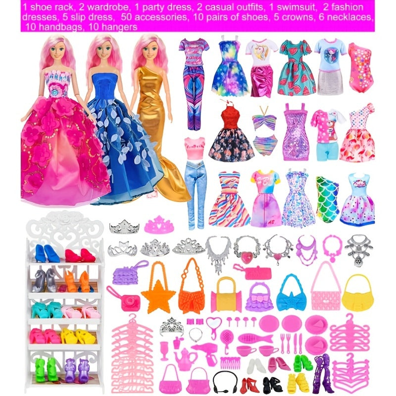 [Christmas Gift] 105pcs Doll Clothes (No Doll) And Additions Doll Closet Playset Wardrobe Toys for 11.5 Inch Girl Doll Including Wardrobe, Shoe Rack, Dress, Shoe Hangers, Christmas Gift for Kids Aged 3-12