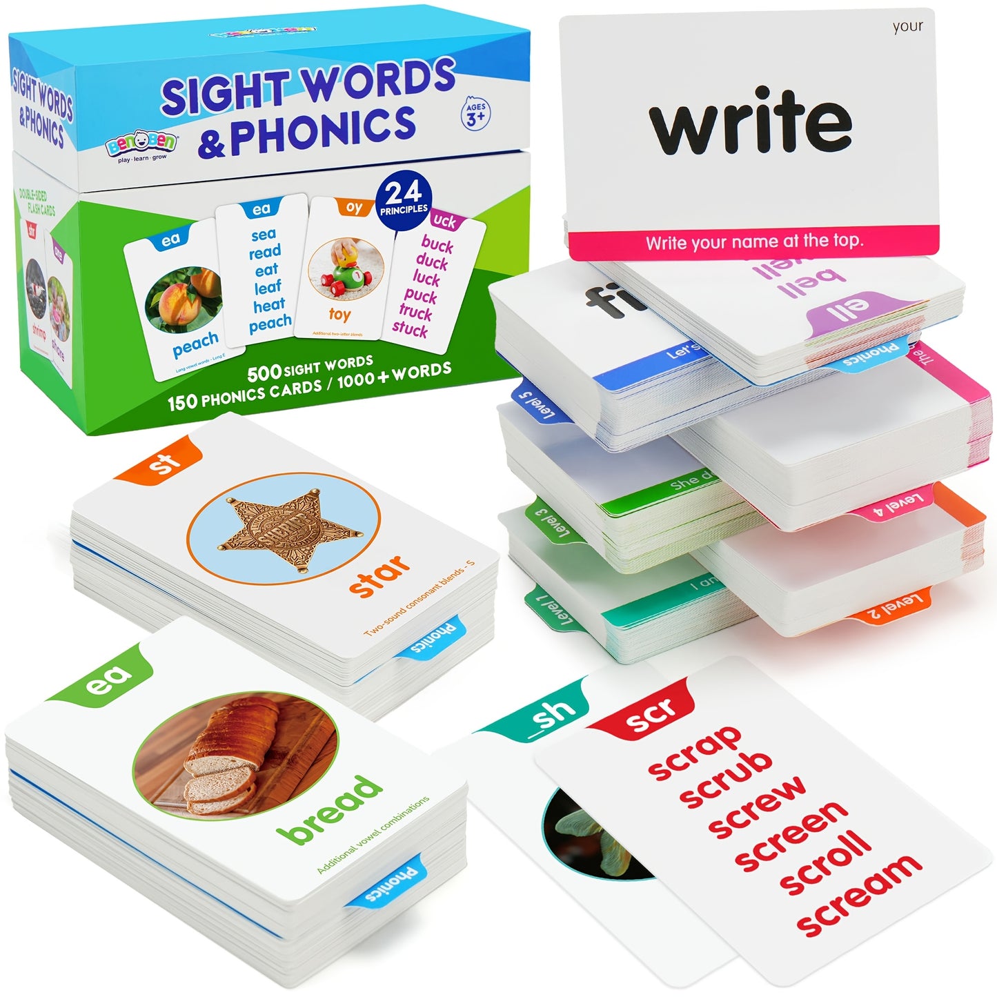 [Learning Toys for Kids] 500 Sight Words & 150 Phonics Flash Cards/1000+ Words, Learning Toys for Kids, Learn to Read CVC, Blends, Long Vowel Words Sounds, Dolch & Fry High Frequency Sight Words for Pre - Primer Kindergarten 1st 2nd 3rd Grade Kids Ages 3-