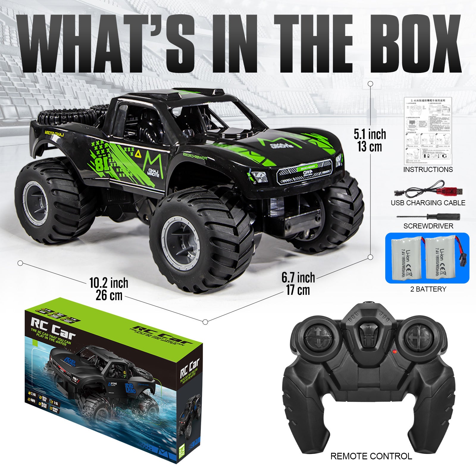 RC Trucks 4x4 Offroad Waterproof 1:16 Amphibious Remote Control Car with 2 Rechargeable Battery 4WD All Terrain Monster Truck RC Car for Boys 4-7 gift present