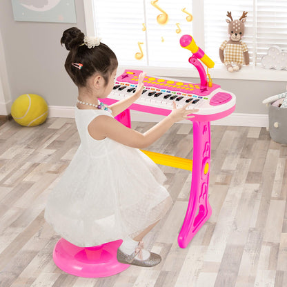 COSTWAY 31-Key Piano Keyboard Toy with Stool, Portable Electronic Music Instrument, Adjustable Microphone, Recording And Playback Features, Light Effects, Educational Gift for Kids Aged 3 And Up