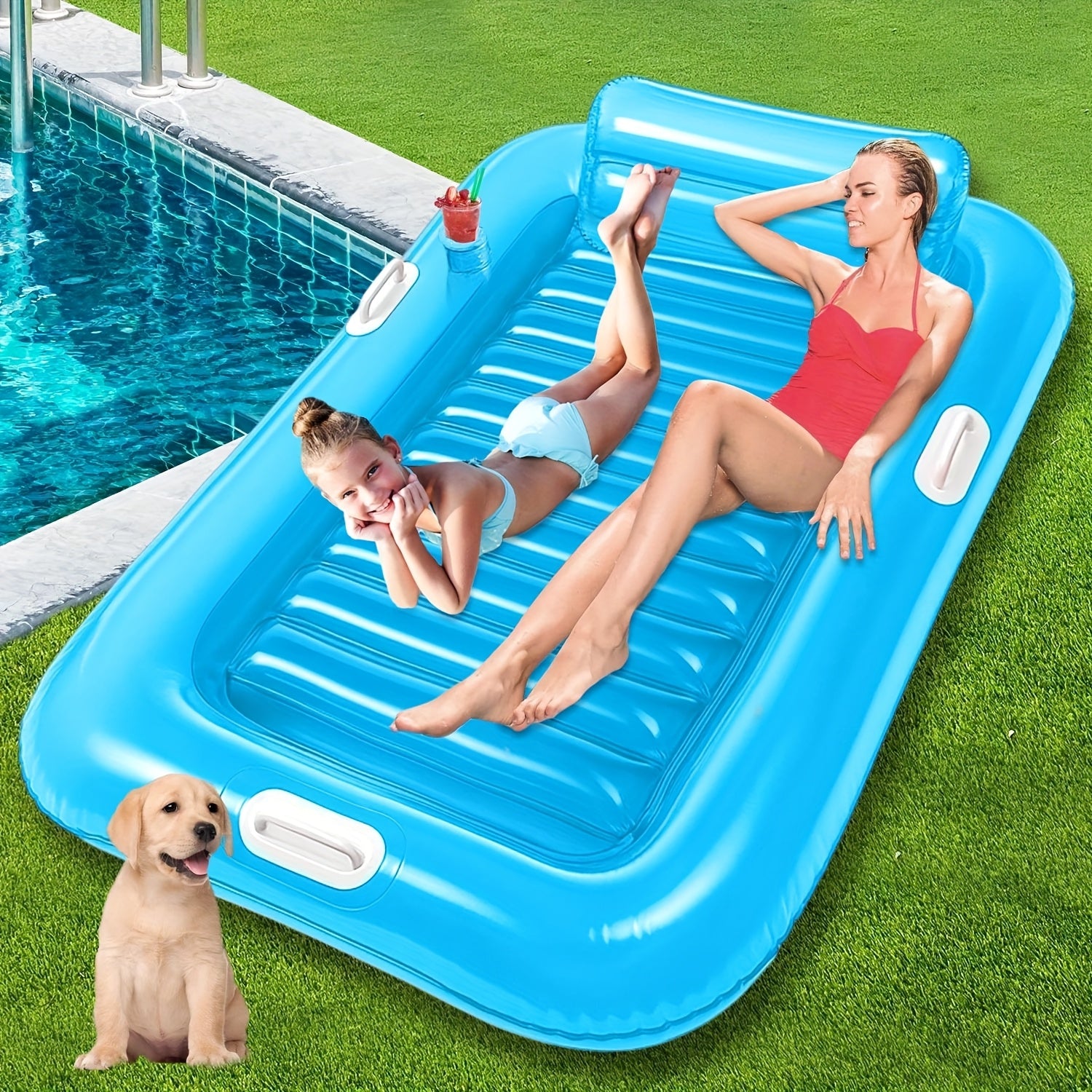 2-in-1 Inflatable Sunbed & Pool Float, Portable Air Mattress For Tanning, Lounger Float For Pool/Beach, With Cup Holders, A Removable Inflatable Headrest, And Easy-to-hold Handles