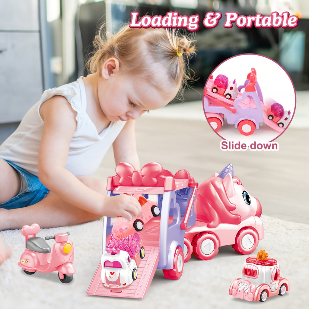 [Perfect Holiday Gift] Kids Carrier Truck Toys With 4 Mini Cars | Pink, Music Light, Battery Powered, Pull-Back Operation, Non-Rechargeable AA Batteries, Ideal For Boys And Girls, Perfect Holiday Gift