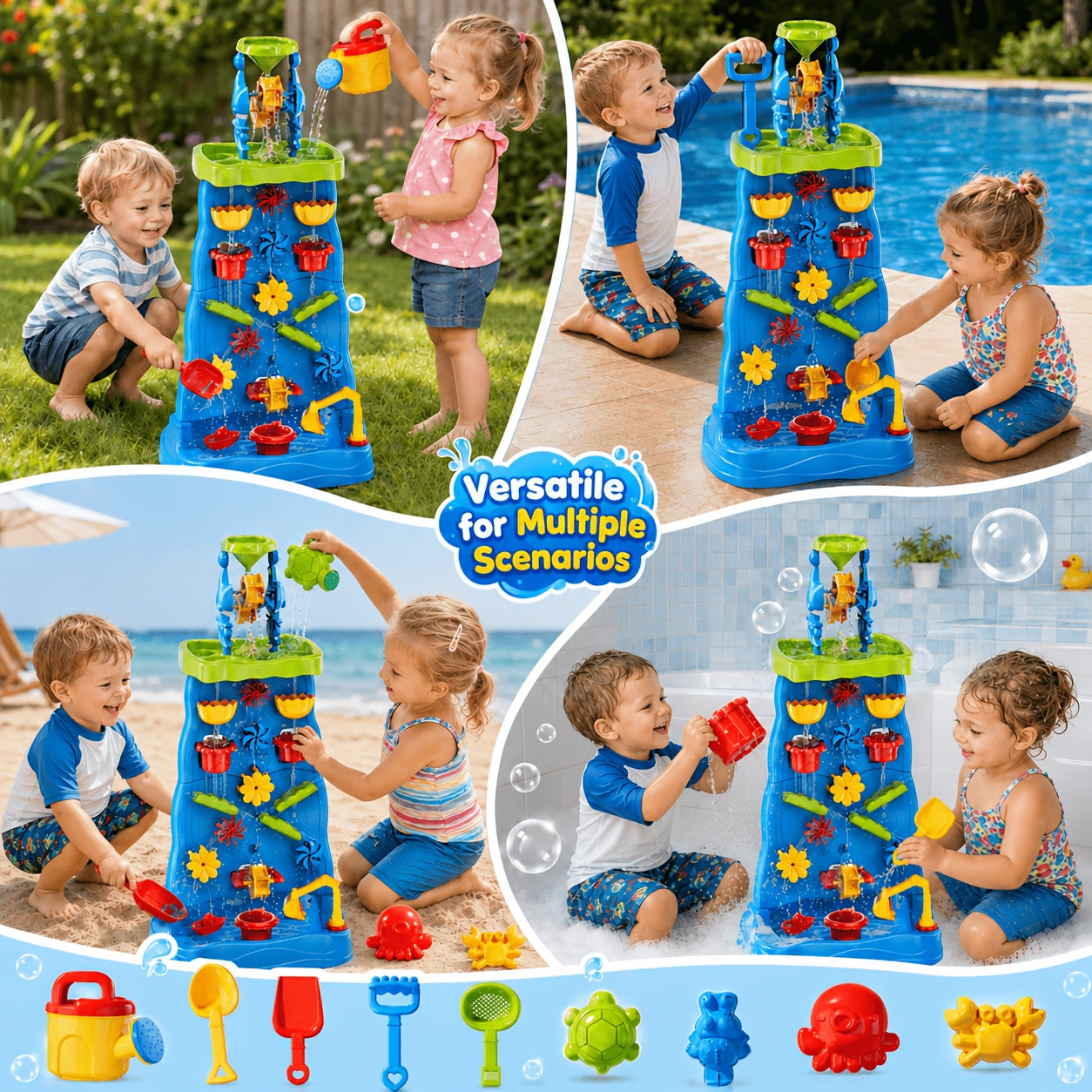 Babyhome Double-Sided Blue Waterfall Toys with Beach And Water Tools for Kids. Summer Holiday Activity Sensory Play Table for Outdoor Seaside, Birthday Christmas Easter Gift