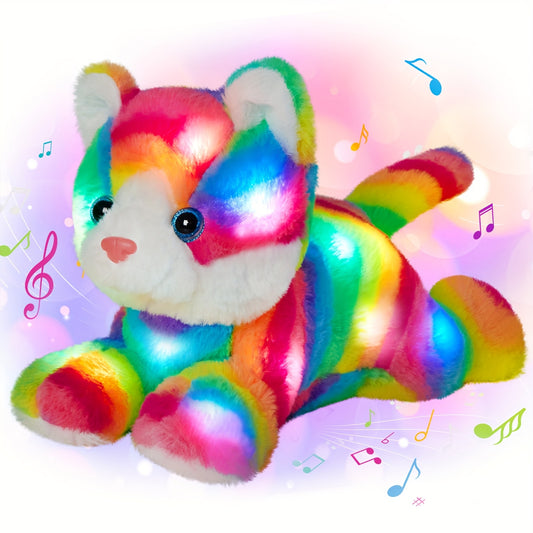 Musical Glowing Rainbow Cat Stuffed Animal | Cute Soft Polyester Cat Plush Toy with Colorful Lights and Sound, Ideal for Playtime, Birthday and New Year Gifts, Party Decoration