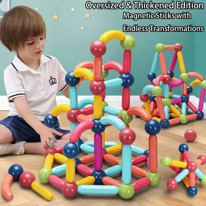 360° Rotating Magnetic Building Sticks Set - Oversized Thickened Magnetic Tiles & Balls, 1-Ball Multi-Stick Attraction, Build Castles/Cars/Shapes, 360° Smooth Edge, Creativity/Brain Training Toy for Kids, Perfect for Indoor Play