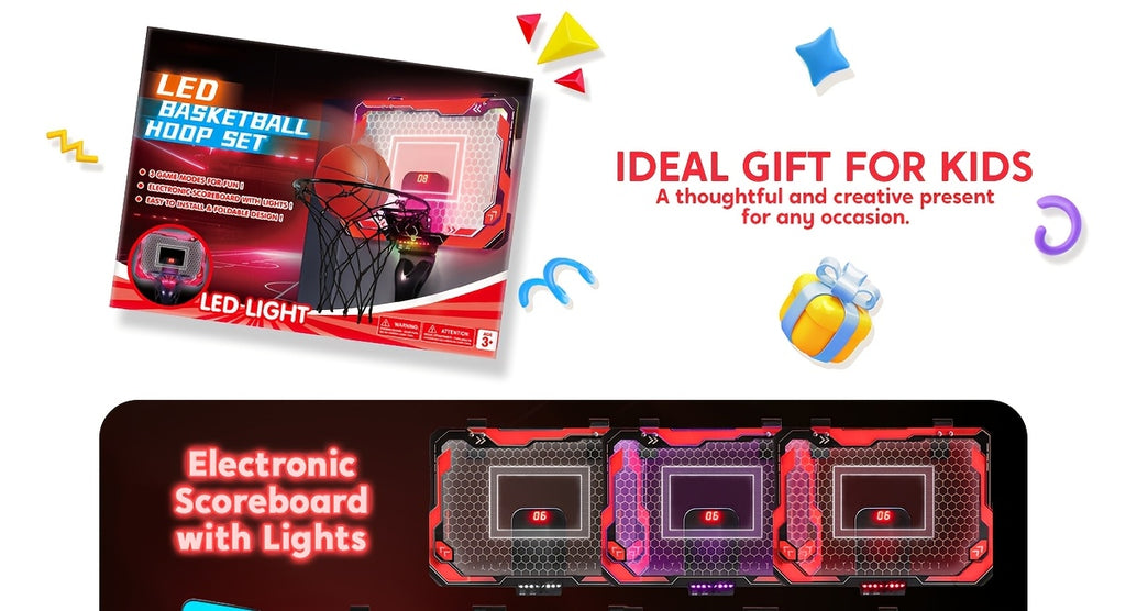 Mini Indoor Basketball Hoop, Light Up Over The Door Basketball Hoop for Kids with Scoreboard & 4 Balls, Bedroom Indoor Basketball, Basketball Toys Gifts for Boys Girls Ages 3 and UP(Red)