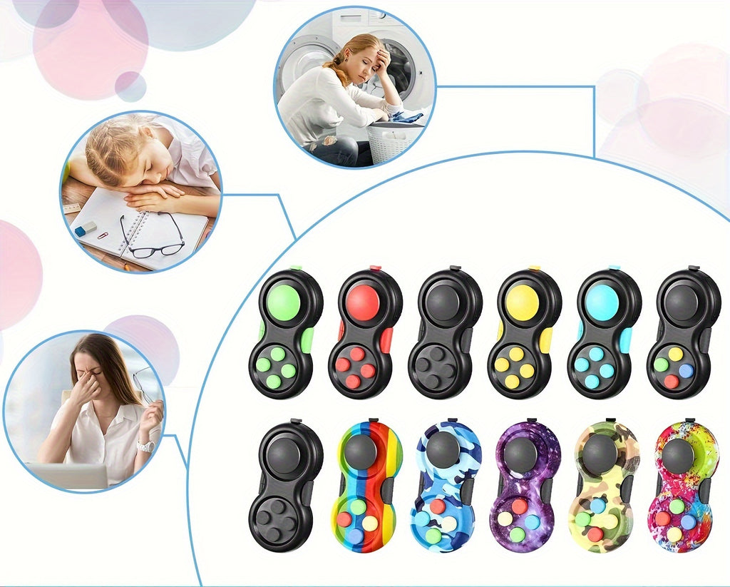 3pcs Retro Classic Handheld Fidget Controllers - Vibrant & Fun Relax Toys with 8 Fidgeting Options, Clickable Buttons, Game Joystick, and Massage Roller in Assorted Colors