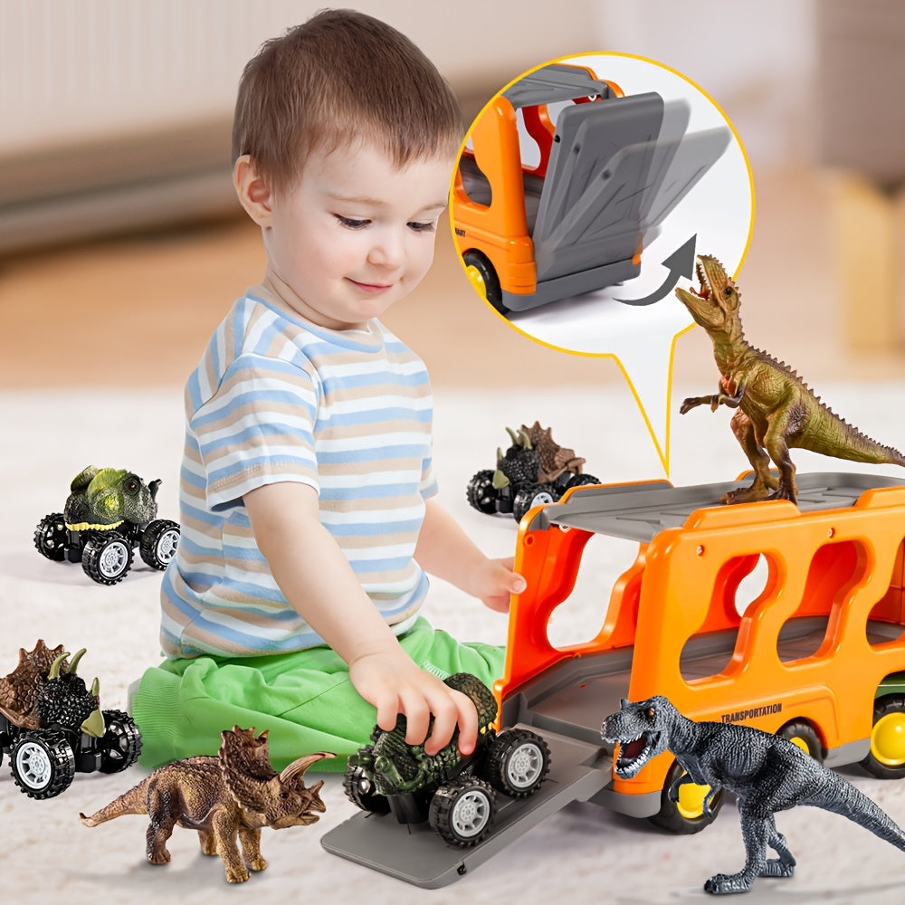 Dinosaurs Truck Toys Suitable for Boys Kids 3-5 Years - Push-Action Dino & Monster Car Friction Vehicle with Light & Sound Effects, 3 Dino Figures & 3 Cars, - Roaring Dino Toys, Christmas Gift