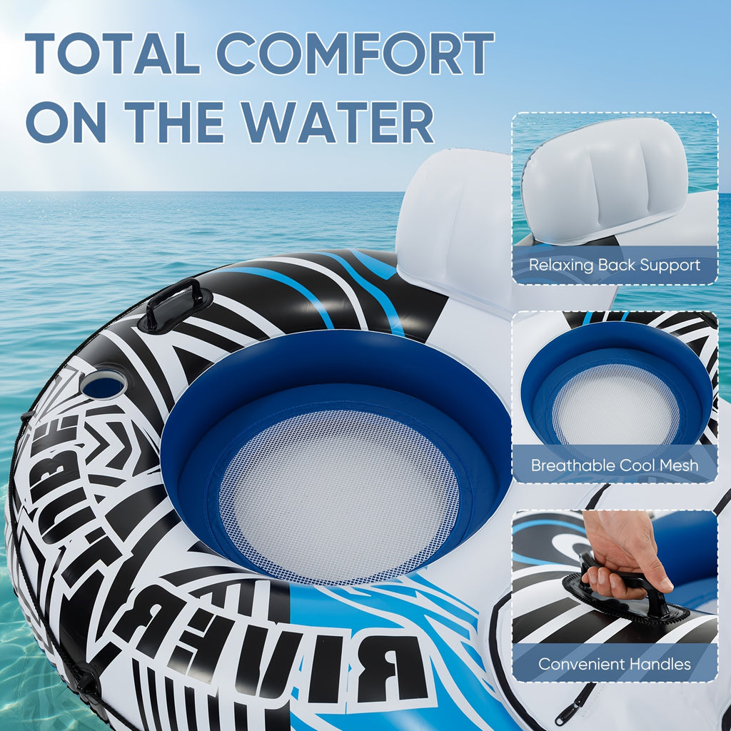 Heavy Duty Double Inflatable Pool Float Bed with Detachable Refrigerator, Suitable for Swimming Pools Rivers, Adult Float River Drifting Boat Lounge Chair with 2 Cup Holders