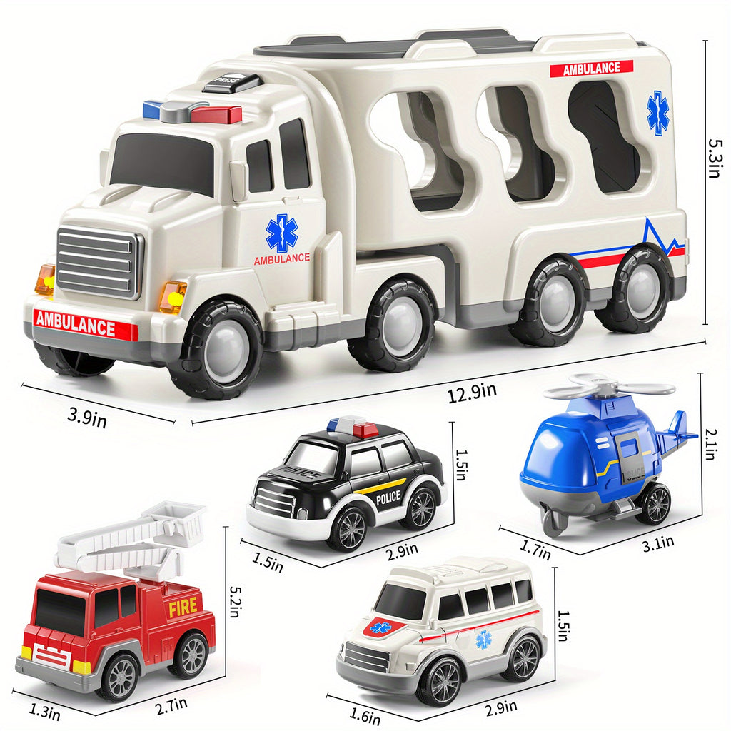 Ambulance Truck Toys for Boys Kids, 5-In-1 Kids Carrier Fire Trucks Friction Power Toys with Light Sound for Kids Birthday Gift