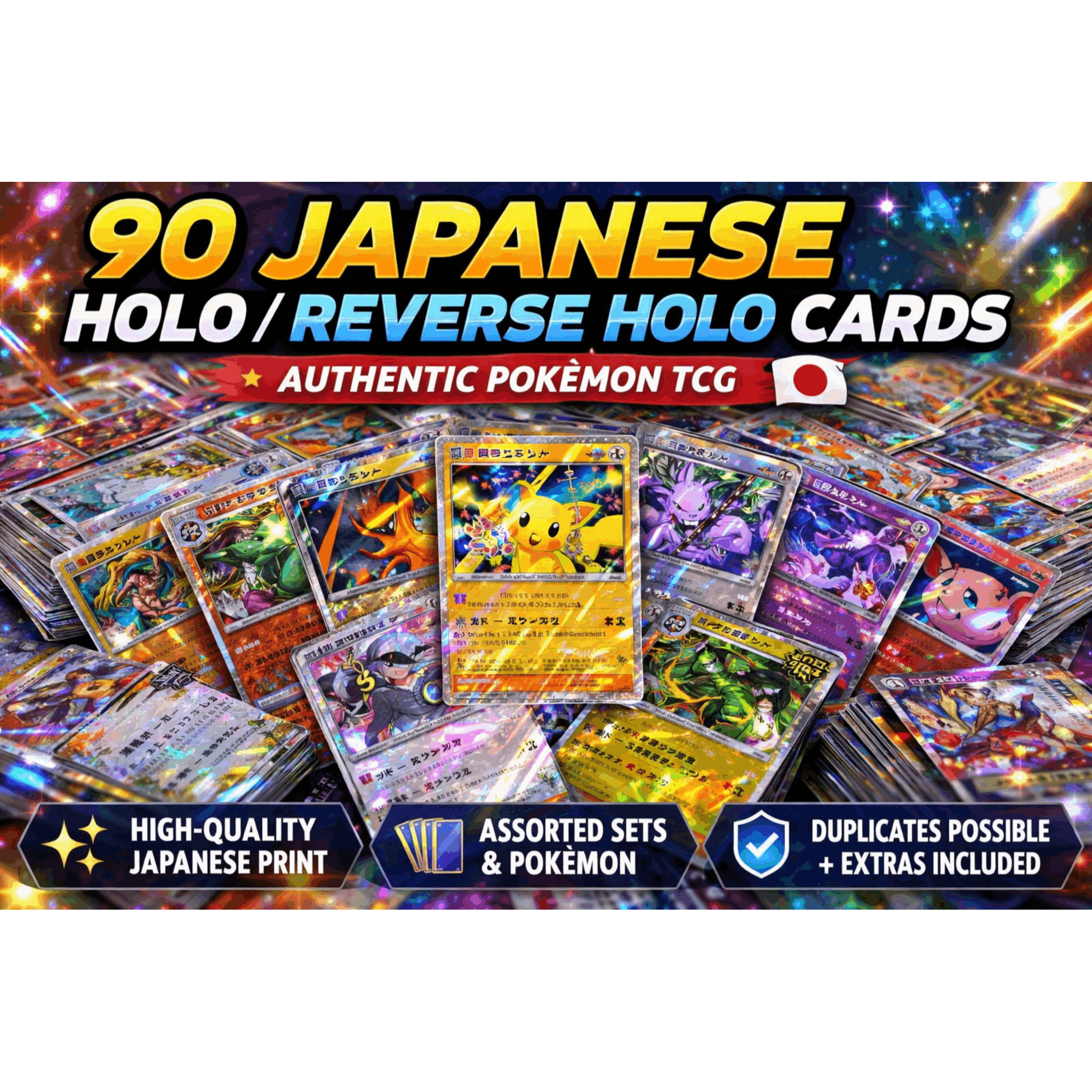 Pokemon TCG Lot of 30 Japanese Holo & Reverse Holo Cards 60 Base– Assorted Japanese Edition Holographic Pokemon Trading Cards Collection