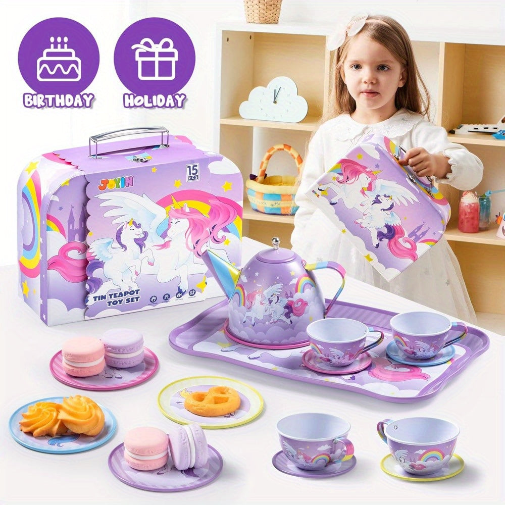 Unicorn Princess Tea Party Set For Little Girls: Purple Tin Teapot + Cups + Plates, Pretend Play Kitchen Toys For Kids, Perfect Easter/Birthday Gift For Kids Girls, Multi-Item Party Favor Packs For Children