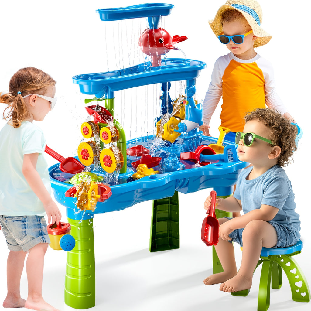 3-Tier Kids Sand Water Table with Shovel, Scoop & Strainer - Outdoor Blue Educational Sensory Play for Beach, Backyard, Summer Holidays