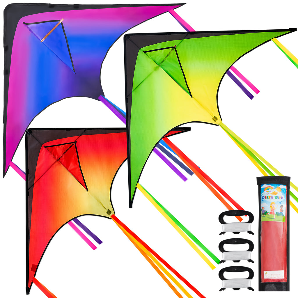 3 Packs Large Delta Kite Gradient Red, Green, Purple | Easy to Fly for Kids and Adults with 262.5ft String, SYNCFUN Beach Kite for Outdoor Games and Activities, Gifts for Boys and Girls