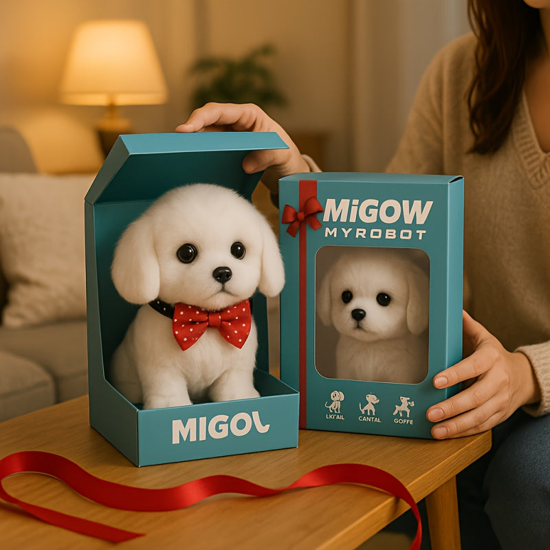 Gift Box Packaging Interactive Robotic Plush White Labrador Puppy Toy Walks, Barks, Wags Tail Realistic Electronic Pet Dog, Perfect for Kids Birthday, Christmas, Holiday Surprise,