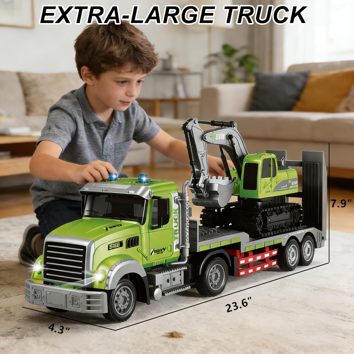 [Easter Gift] 11CH Construction Vehicle Set 1:12 Scale RC Semi Truck with Flatbed Trailer & Alloy Excavator, Sound & Lights Engineering Toy, Great Easter Gift Idea for Boys Children's