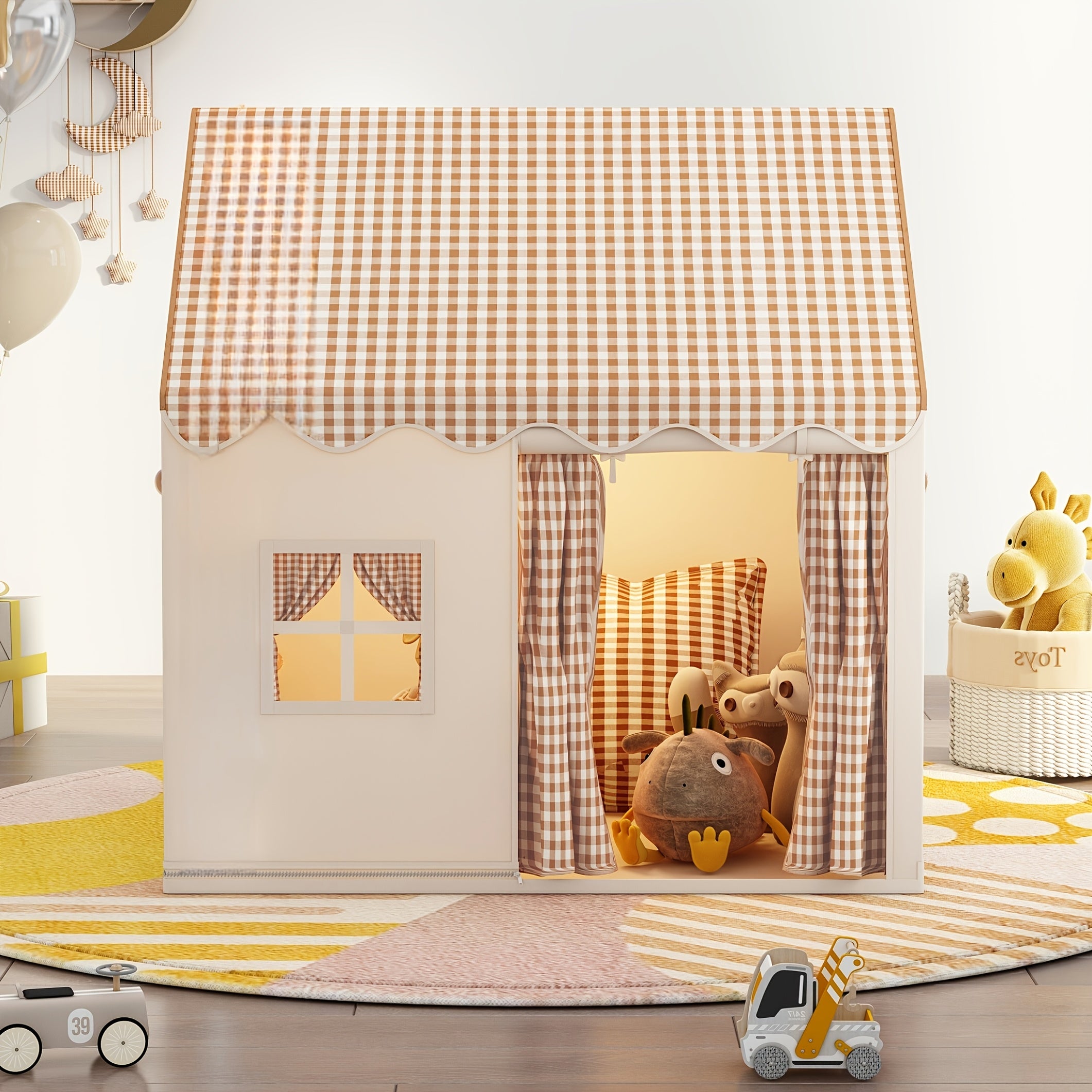 1 Indoor/ Outdoor Play Tent - Lovely Checked Cabin Style, Polyester, Perfect for Home Decor, Casual Entertainment and Role Playing Games. Perfect for Holiday Gifts, Holiday Decorations and Family Parties (Excluding Lights and Toys)