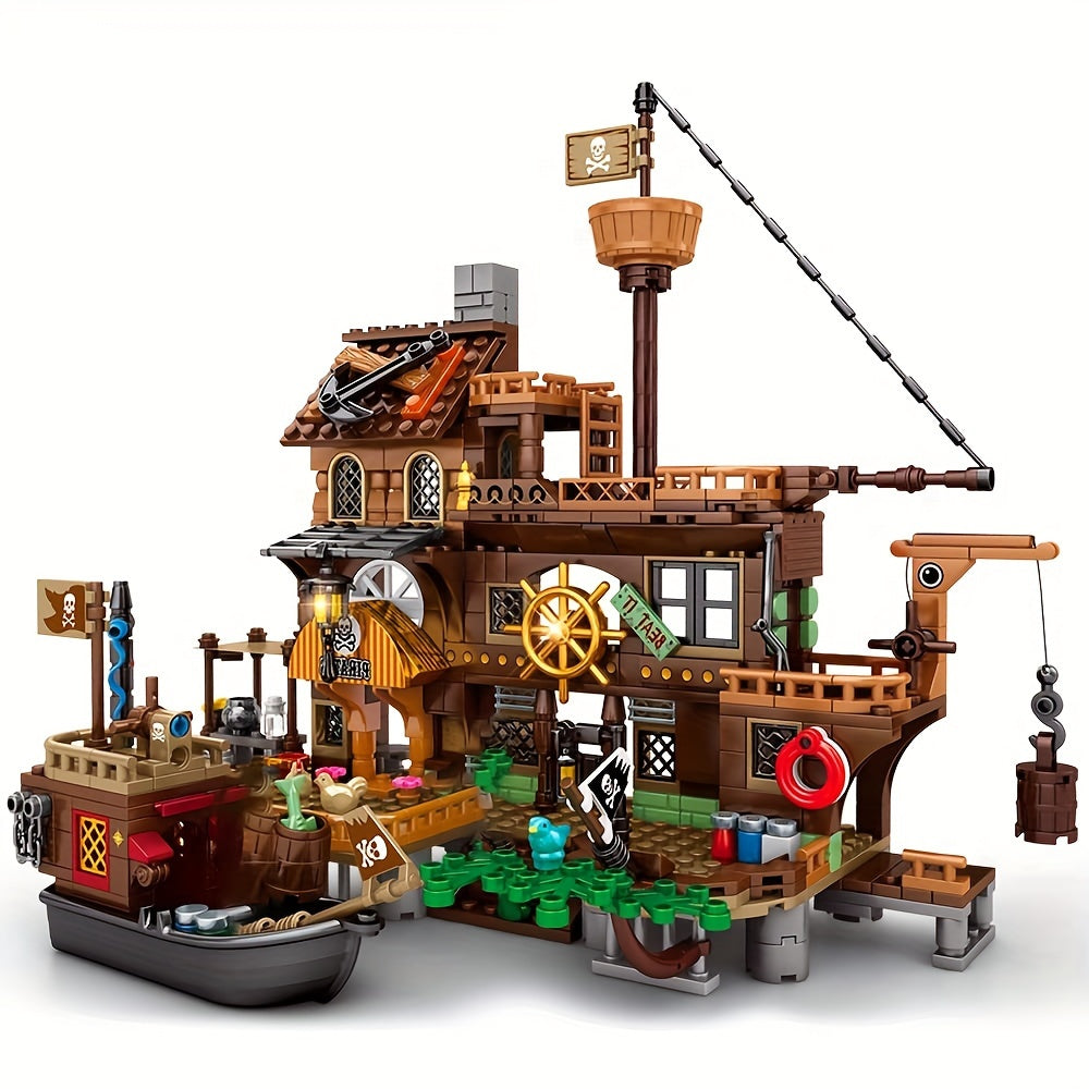 Pirate Ship Set Pirate's Wharf Supply Center Building Brick Toy, 573 Pcs