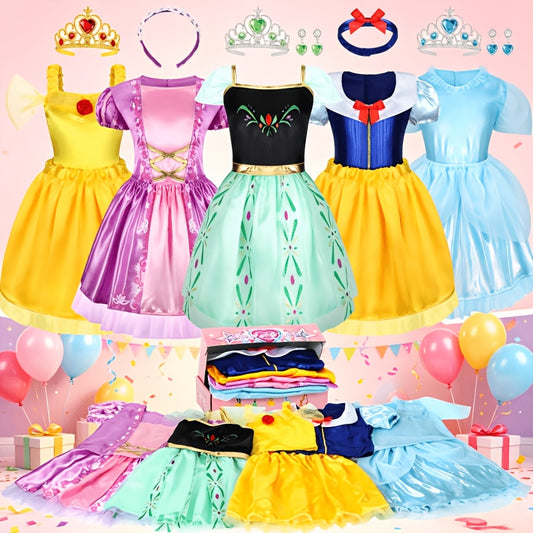 14pcs Princess Costume, Cute Little Girl Princess Dress Up Costumes Set, Short Sleeve Puff Sleeve Mesh Skirt, 3 4 5 Girl Toy Birthday Gifts, Suitable for Stage Performances, Halloween Parties, And Birthday Parties (With Crown Jewelry, Etc.)