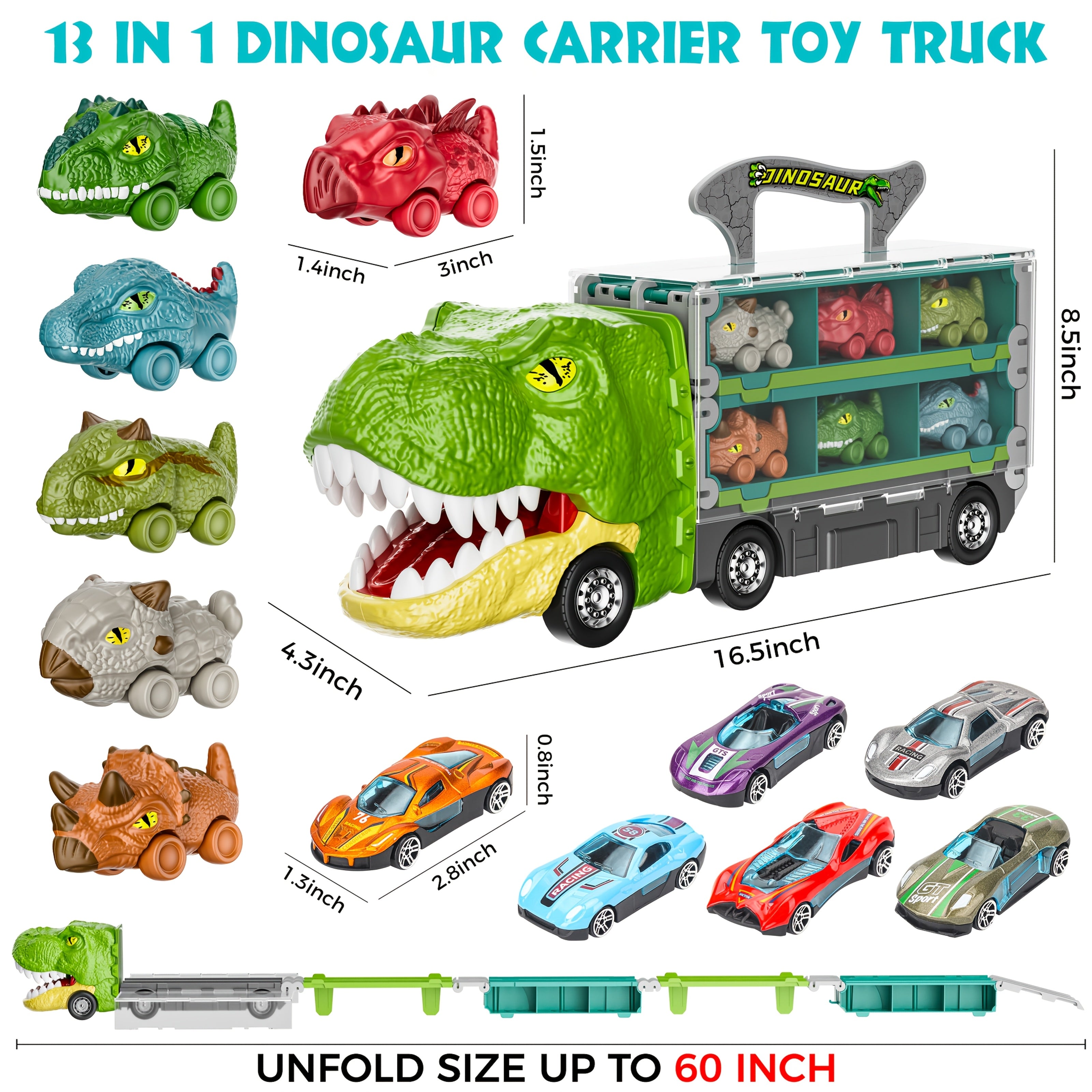 Dinosaur Truck Toys for Birthday Gift Idea, 2 Player Race Mode, Transport Carrier Kids, 63 Inch Foldable Race Track with 6 Dino Cars & 6 Die-cast Cars Durable Safety, Kids Christmas Gifts