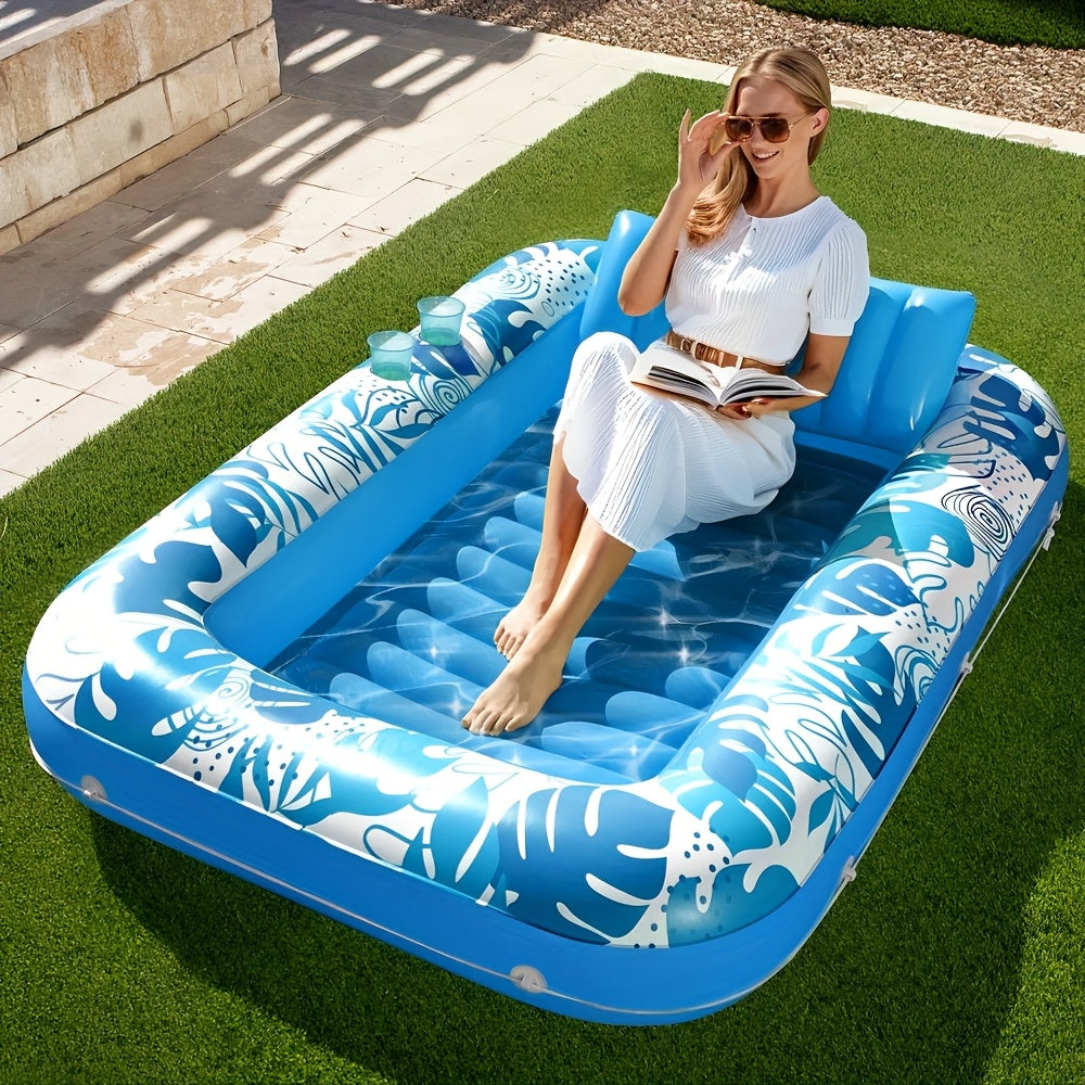 SYNCFUN 4 in 1 Suntan Tub Raft Floatie, Inflatable Tanning Pool Lounger Float, 70" X 46" Pool Floats Adult with Pillow, Sunbathing Bed Lounge for Water Blow Up Kids Ball Pit Party Gifts, L-Blue, Party Games & Activities