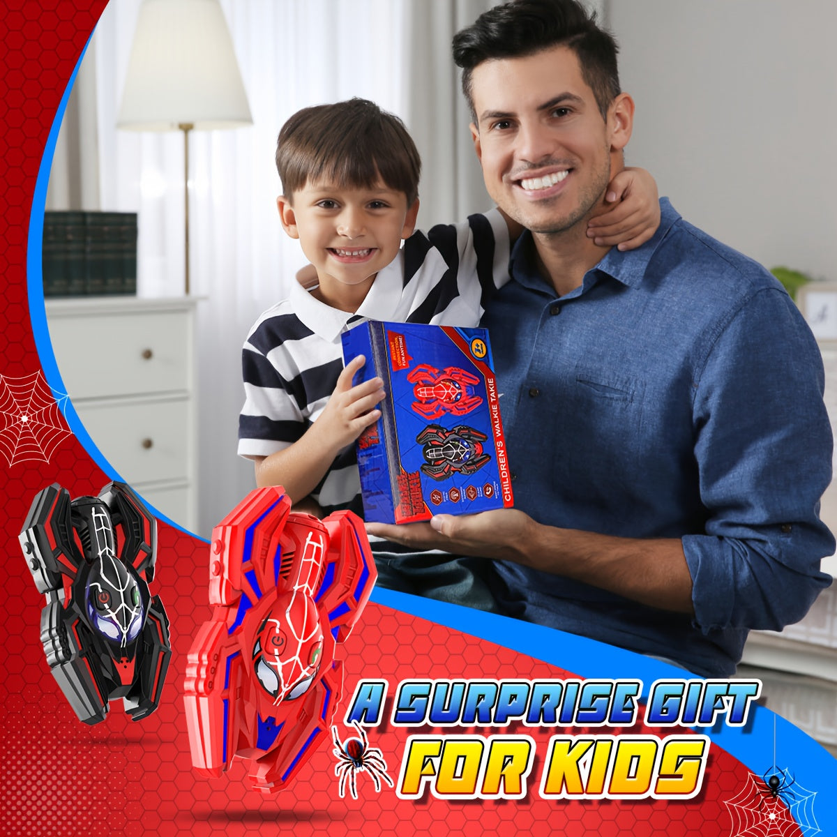 2 Packs Walkie Talkies for Kids, Spider 2-Way Radio Toys for 3 4 5 6 7 8 9 10 11 12 Boys Girls Valentine's Day Easter Back to School Halloween Christmas Birthday Thanksgiving Parent-Child Activities Gifts
