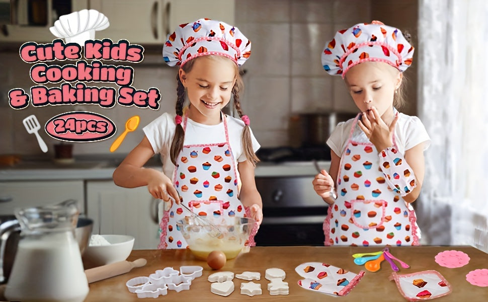 Cute Kids Cooking And Baking Sets, 24pcs Kids Aprons for Girls Kids Chef Hat Apron Dress Up Chef Costume, Little Girl Apron Sets Pretend Gifts for 3 4 5 6 7 8 Years Old Girls