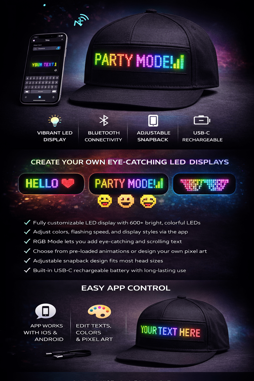 [Programmable LED Hat] Programmable LED Night Light Hat for Men| Mobile App Control, Scrolling Text for Voting, Elections, Parties, Dances, Halloween, Christmas Gifts, USB Charging
