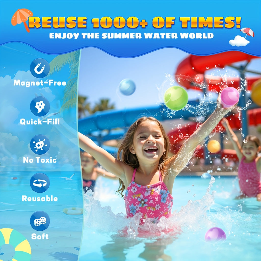 Reusable Water Balloons for Kids - No Magnets, Leak-Resistant Splash Balls, Quick-Fill & Long-Lasting - Durable Outdoor Water Toys for Summer Pool Party, Backyard Water Games