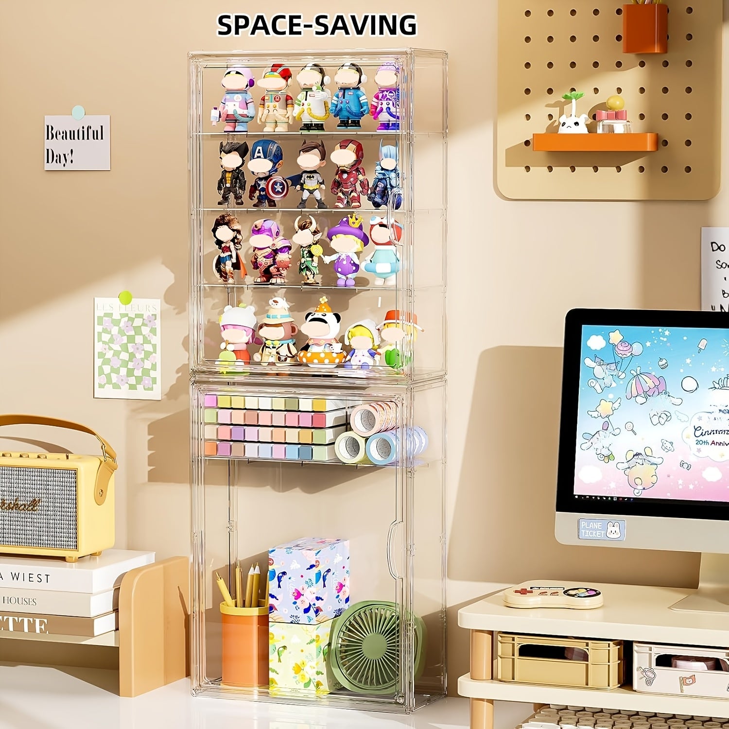 4 Tiers Wall-Mounted Acrylic Display Case | Clear Figure Display with 3 Adjustable Dividers, Magnetic Door, Dust-Proof, Large Collectibles Storage Shelf