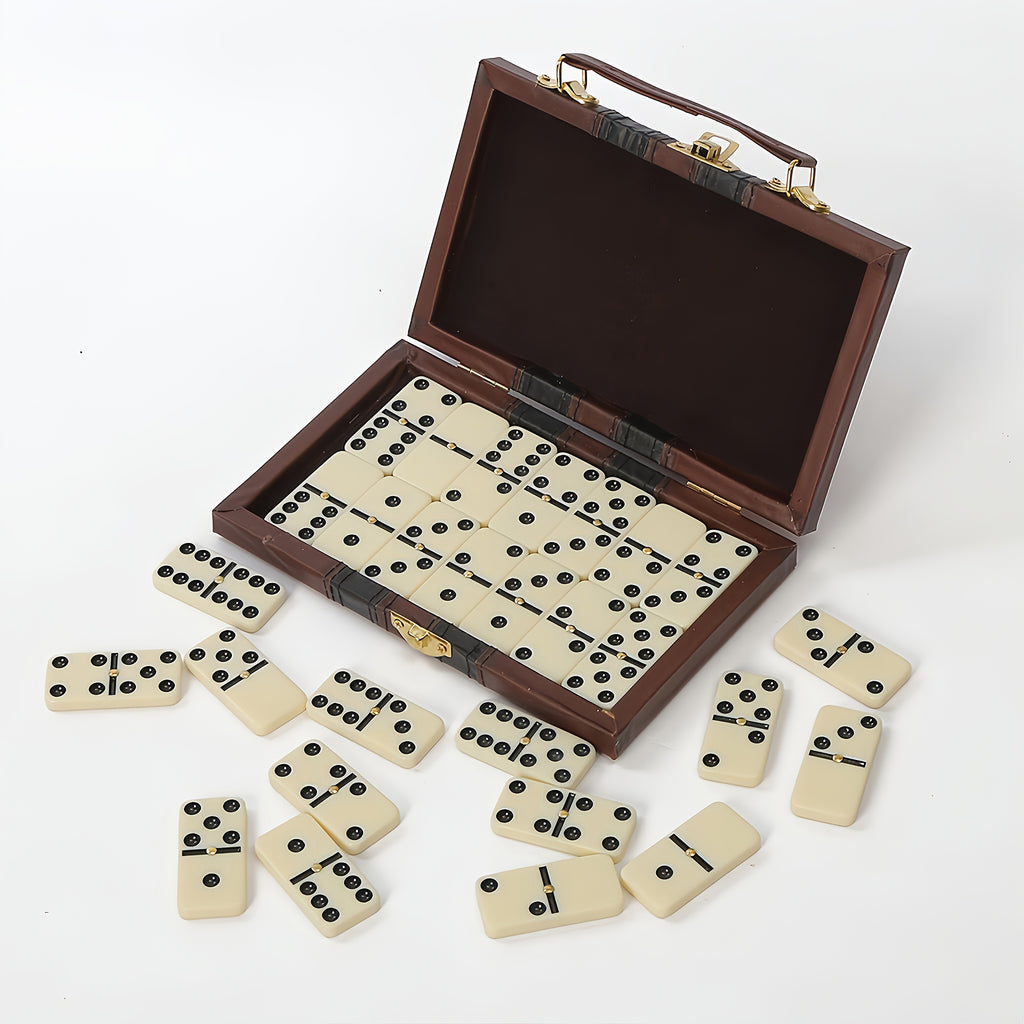 Domino Set -28 Classic Black Dominoes Boxed | Thanksgiving, Halloween, Christmas Ideal Gift | Durable Plastic Dominoes And Leather Storage Box, Portable Design Suitable for Family Games, Party Group Games. Elegant Packaging, Advanced Card Surface
