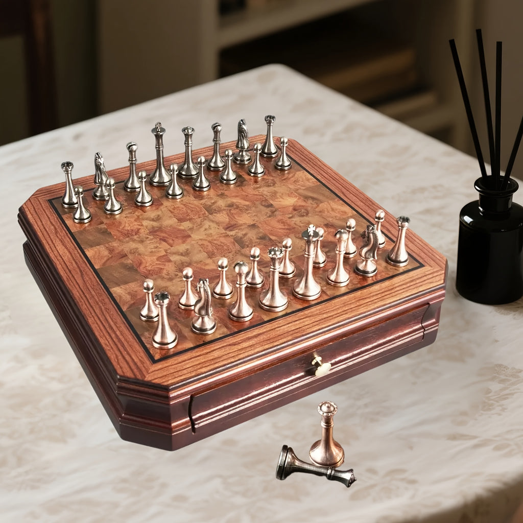 12 Inch Wooden Chess Set, Metal Chess Pieces And 2 Built-in Storage Drawers, 2.5" Kings 2 Extra Queens Suitable for Beginners, Adult Vintage Mahogany Chess Game, Christmas Gifts