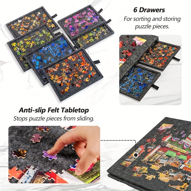 1000pcs Large Puzzle Board, 6-Drawer Classification System with Tile Storage, Foldable Jigsaw Table with Built-In Stand & Protective Cover, Portable Puzzle Organizer for Adults