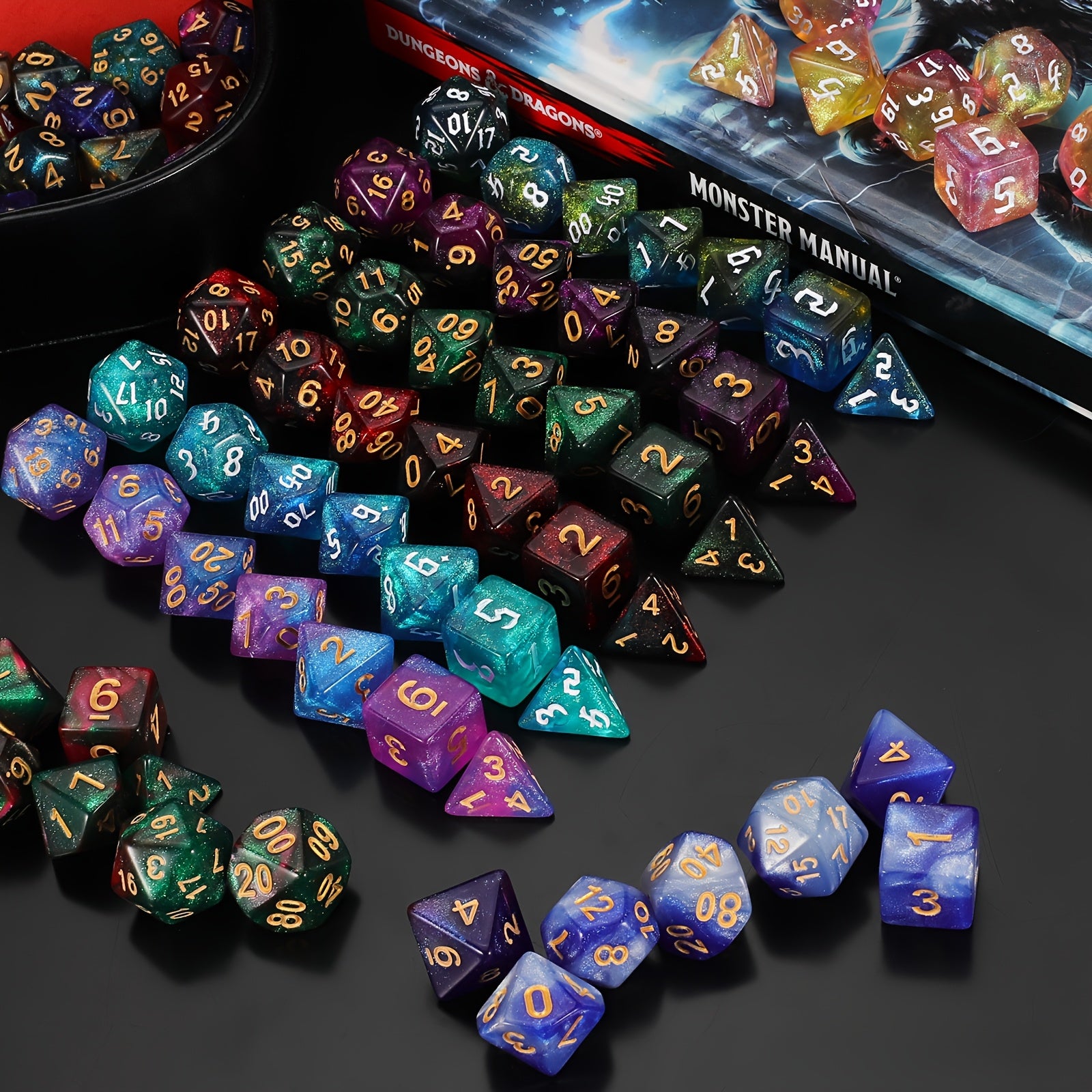 84pcs Starry Night Glitter Polyhedral Dice Set with Dice Pouch/Tray, for D&D RPG MTG Roleplaying Tabletop Game, Great Dice Collection/gift for Halloween& Christmas& Easter& Gaming
