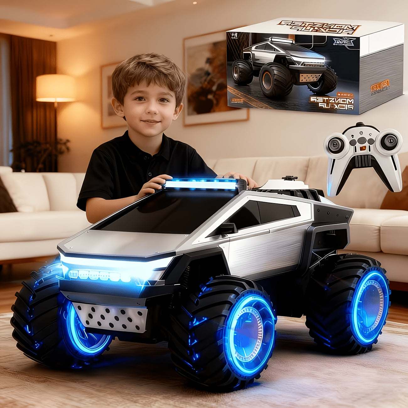 [Remote Control Off-Road] RC Monster Truck Toy 2.4GHz 4WD All Terrain RC Monster Truck Toy, 1:12 Remote Control Car, Realistic Sound Effects, Remote Control Off-Road Vehicle with Ergonomic Grip, Remote Control Off-Road Vehicle with LED Lights, Music, Exce