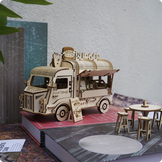 3D Puzzle Fast Food Truck Set - Innovative Basswood Model Building Toy, Yellow - Ideal for Christmas And for Halloween Presents, Suitable for Halloween