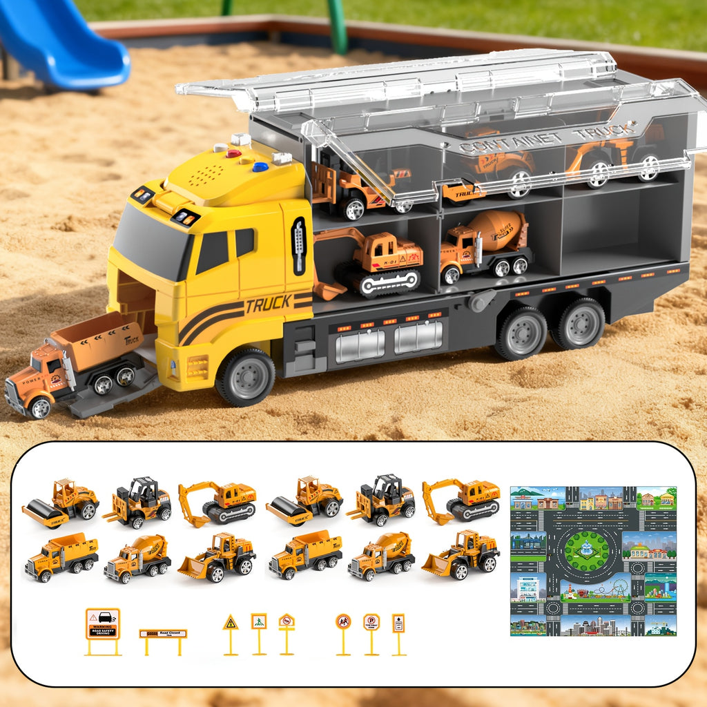 [Christmas Birthday Gift] HOME 13-in-1 Construction Truck Vehicle Toy Set with Die-Cast Cars & Play-Mat, Transport Carrier Truck Toy Set for Aged 3+, Christmas Birthday Gift [Random Color Of Accessories