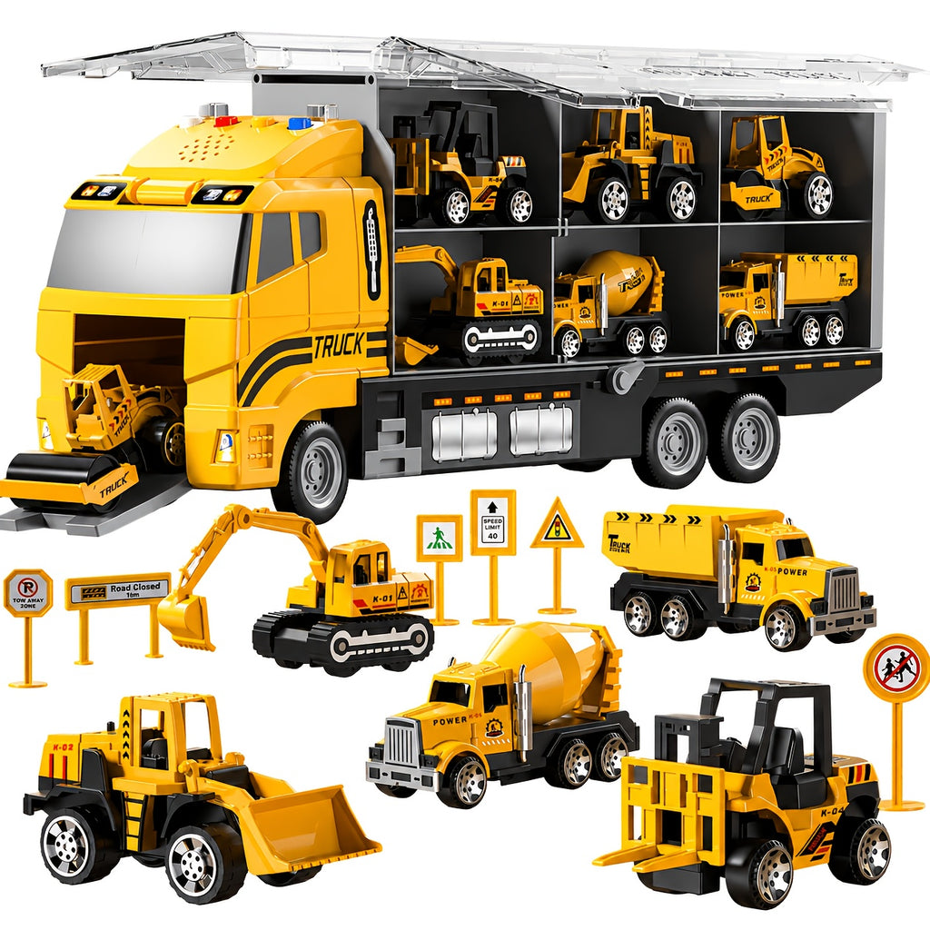 [Christmas Birthday Gift] HOME 13-in-1 Construction Truck Vehicle Toy Set with Die-Cast Cars & Play-Mat, Transport Carrier Truck Toy Set for Aged 3+, Christmas Birthday Gift [Random Color Of Accessories