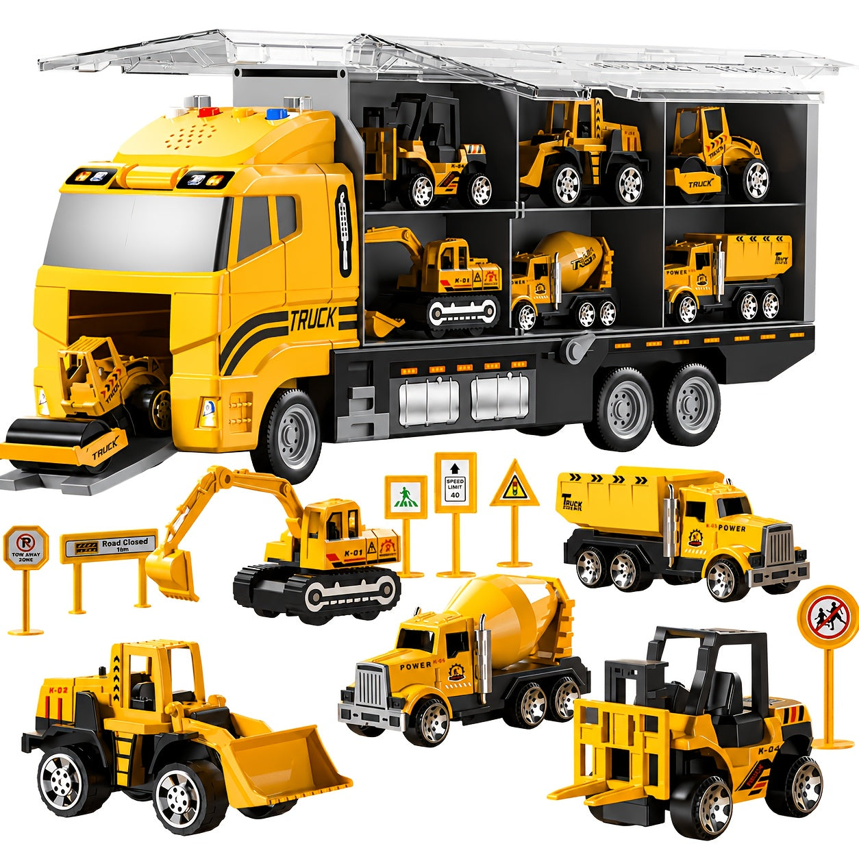 [Christmas Birthday Gift] HOME 13-in-1 Construction Truck Vehicle Toy Set with Die-Cast Cars & Play-Mat, Transport Carrier Truck Toy Set for Aged 3+, Christmas Birthday Gift [Random Color Of Accessories