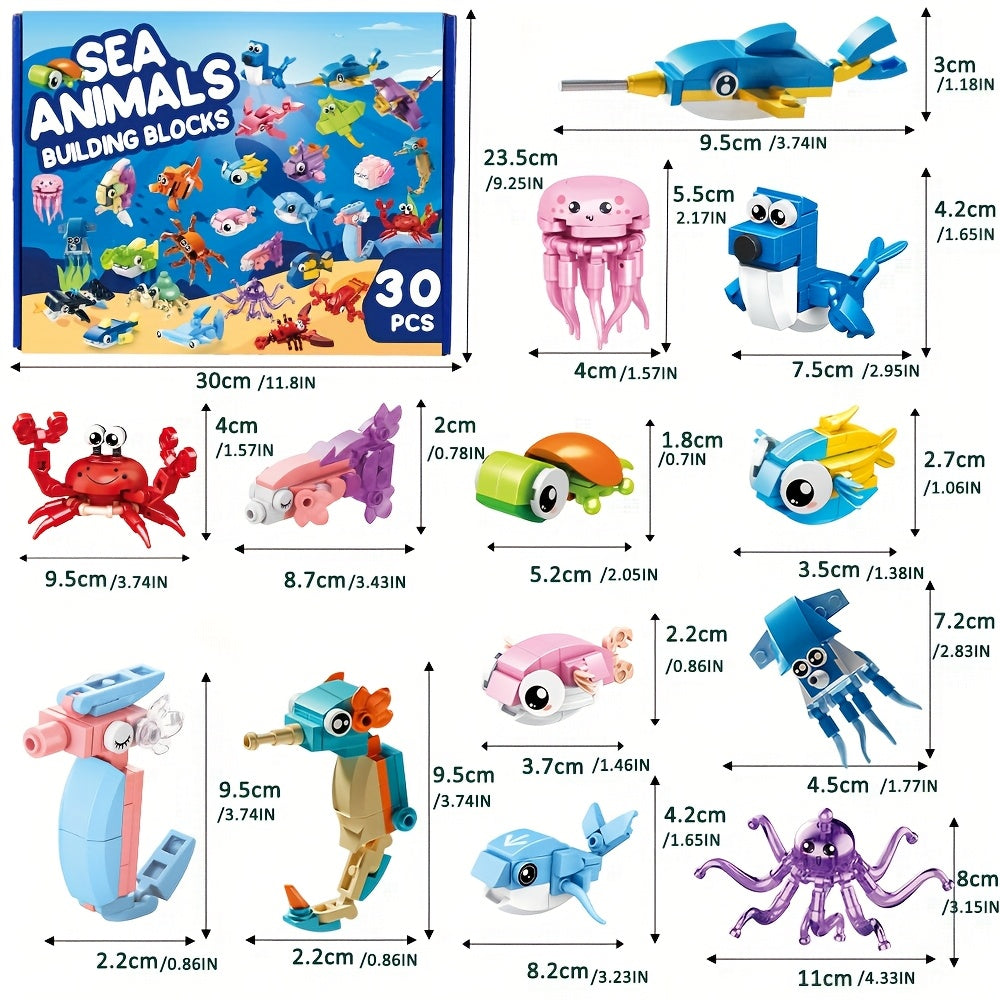 30pcs Pack Ocean Building Blocks Toys Suitable for Kids, Boys & Girls - Mini Marine-Themed Bricks with Blocks, Building Set for Birthday Party Favors, Classroom Prizes, Stocking Stuffers & Goodie Fillers