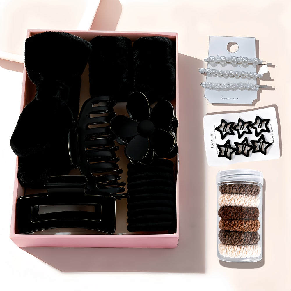 A Combination Set Of Various Fine Headbands, Hair Hoops, Hair Clips, And Hair Rings, Multi-color, Matte, Grip Clips, Elastic, with Bowknot, Fragrance-free, Suitable for Relaxing Textured Hair, Normal Hairstyles, Face Washing And Bathing, Ideal Gift.