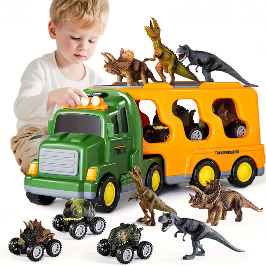 Dinosaur Truck Toys for Boys And Girls, Transport Car with 3 Dino Figures, 3 Monster Cars, Lights And Sounds, Battery Powered Friction Vehicle, Perfect Gift, Educational Toys, Toy Truck, Dinosaur Toys