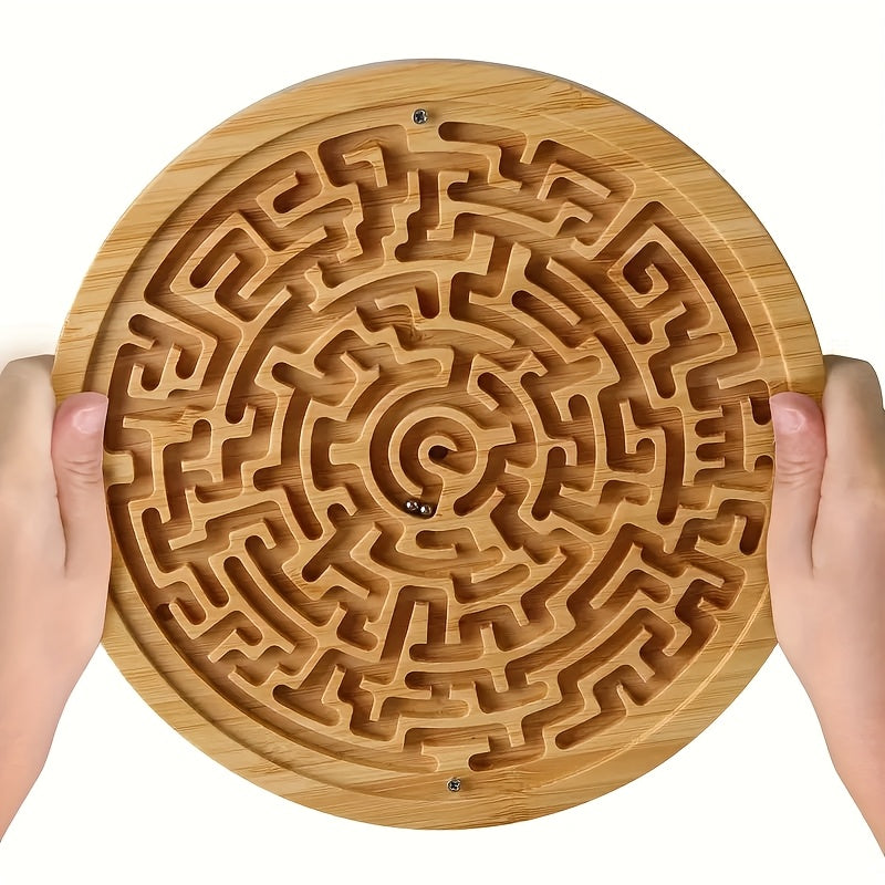 A Large Round Wooden Maze with PC Steel Ball, Balance Maze Board, Two Metal Ball Challenges And Maze Puzzles Is Used to Improve Concentration And Train Wooden Balance Board, Metal Ball Challenges And Puzzle Games, Which Is Suitable for Brain Training