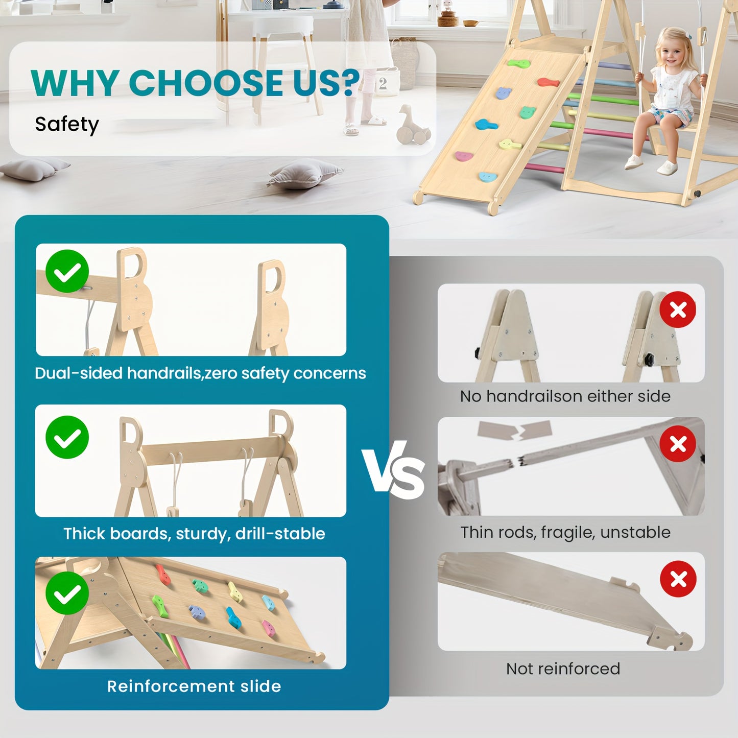 5-in-1 Foldable Indoor Jungle Gym for Toddlers Wooden Climbing Set with Slide, Swing, Ladder, Toddler Playground Playset for Kids 708.66inch+, Cognitive Development, Coordination (Rainbow, Blue).